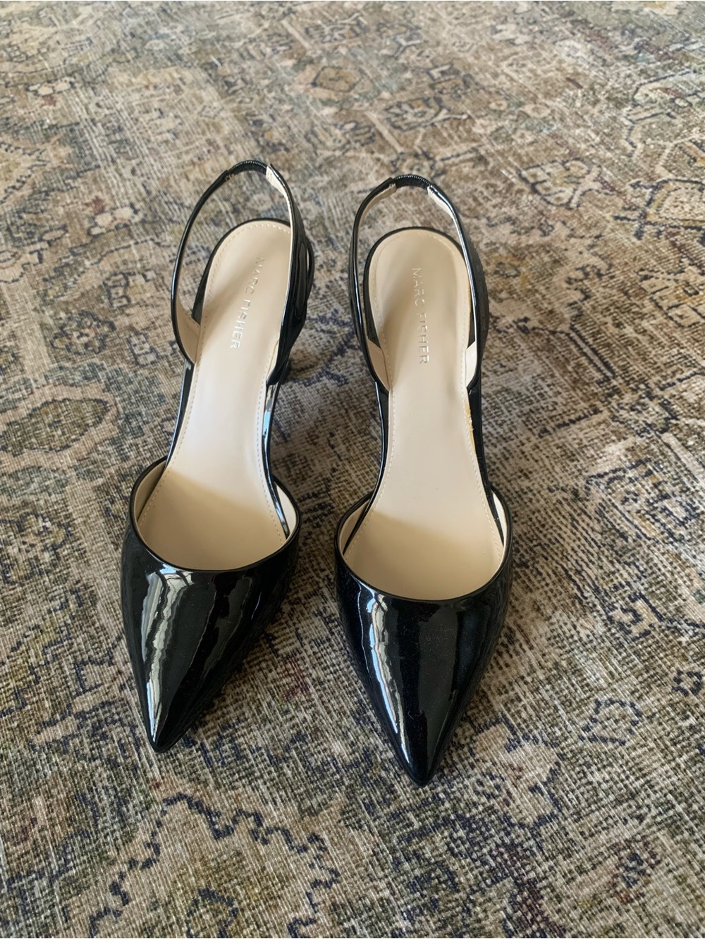 Marc Fisher Black Patent Pointed-Toe Hayda Slingback Heels